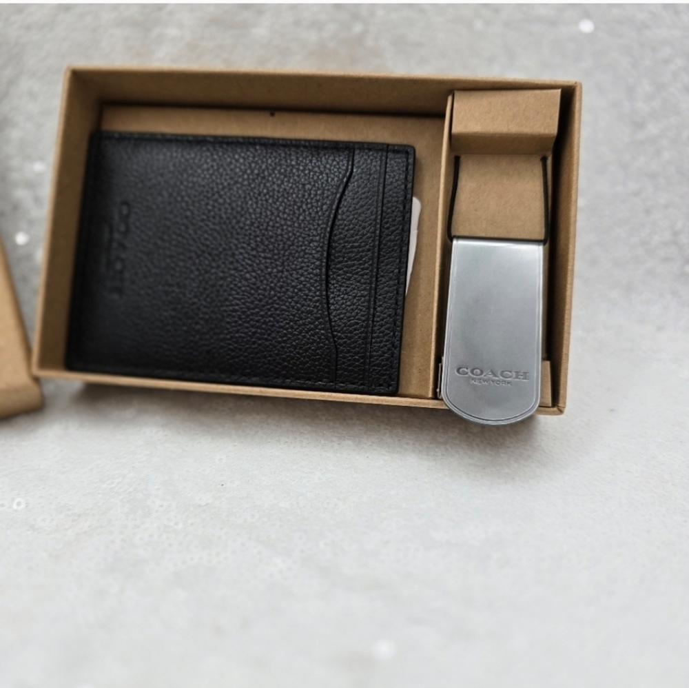 Coach Boxed Card Case & Money Clip Gift Set Black Leather - Picture 8 of 12